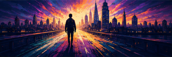 Young people walking through a colourful city scene